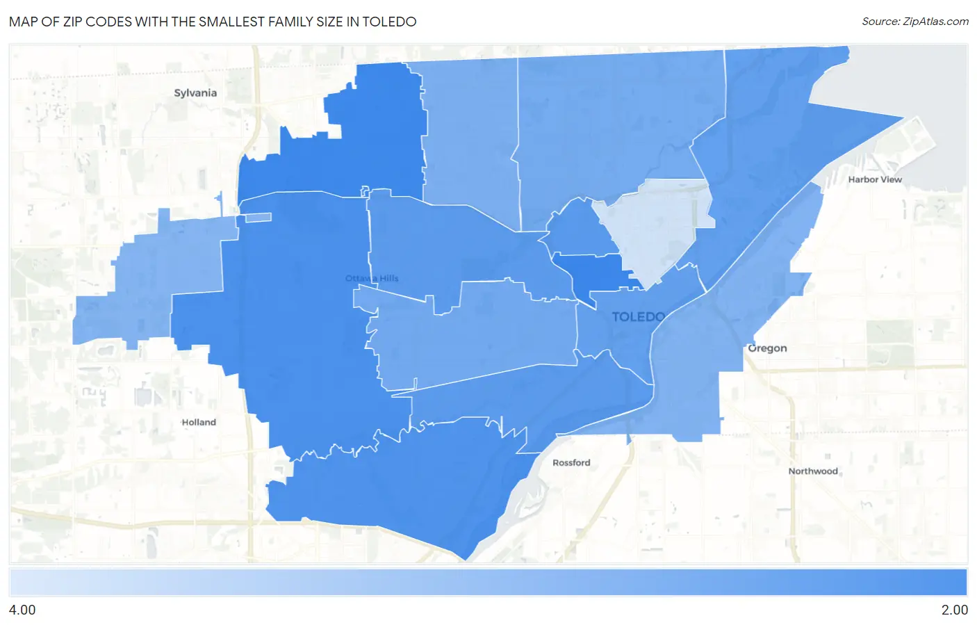 Zip Codes with the Smallest Family Size in Toledo Map