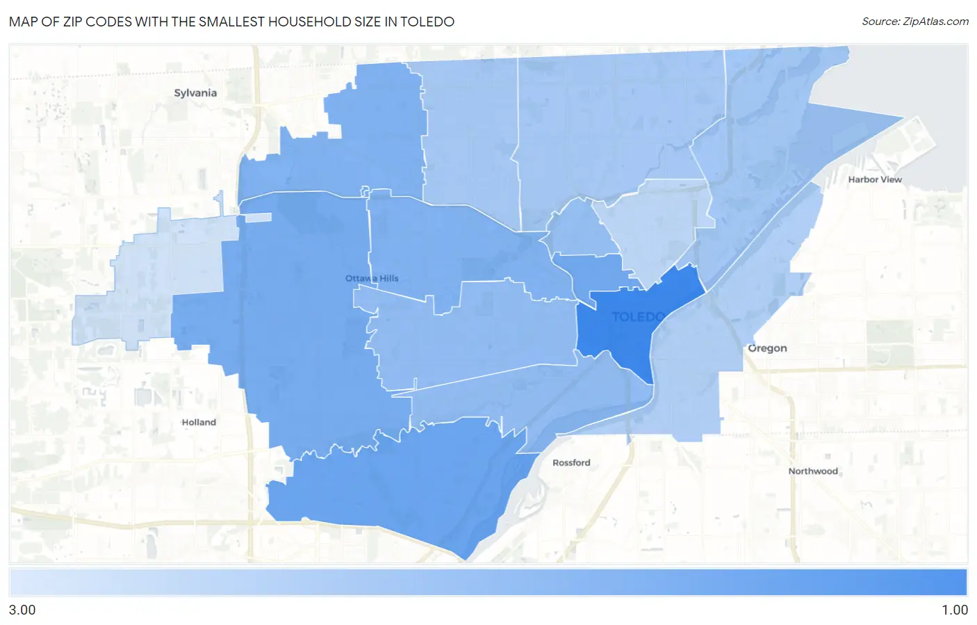 Zip Codes with the Smallest Household Size in Toledo Map