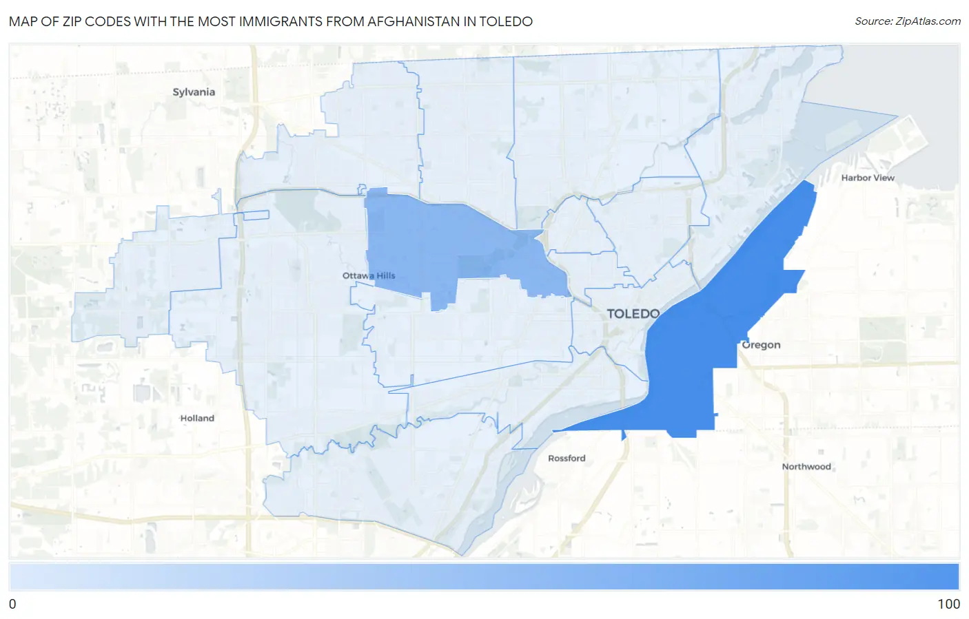 Zip Codes with the Most Immigrants from Afghanistan in Toledo Map
