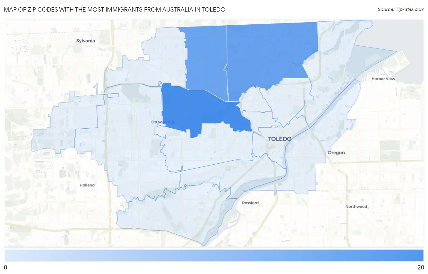 Zip Codes with the Most Immigrants from Australia in Toledo Map