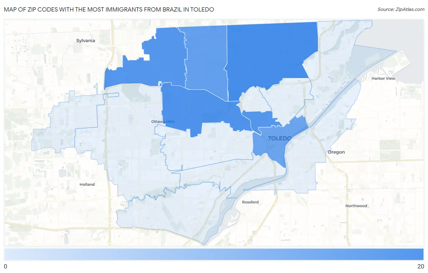 Zip Codes with the Most Immigrants from Brazil in Toledo Map