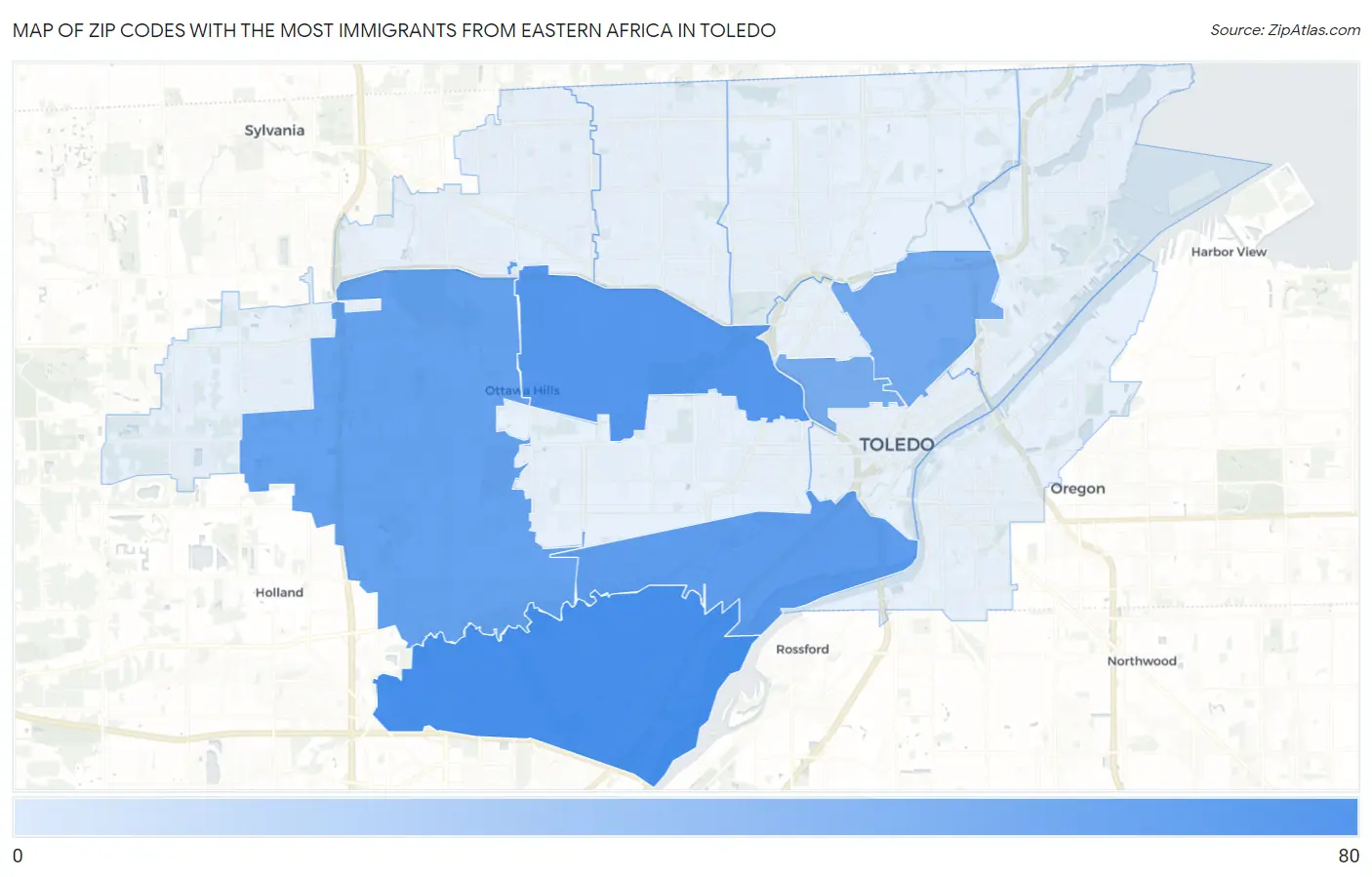 Zip Codes with the Most Immigrants from Eastern Africa in Toledo Map
