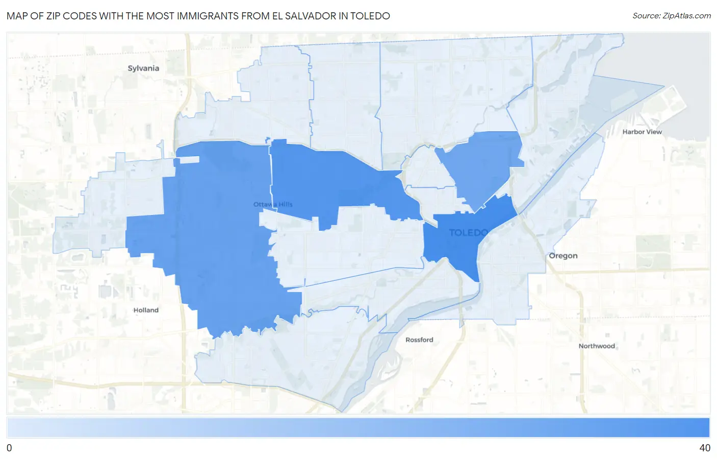 Zip Codes with the Most Immigrants from El Salvador in Toledo Map