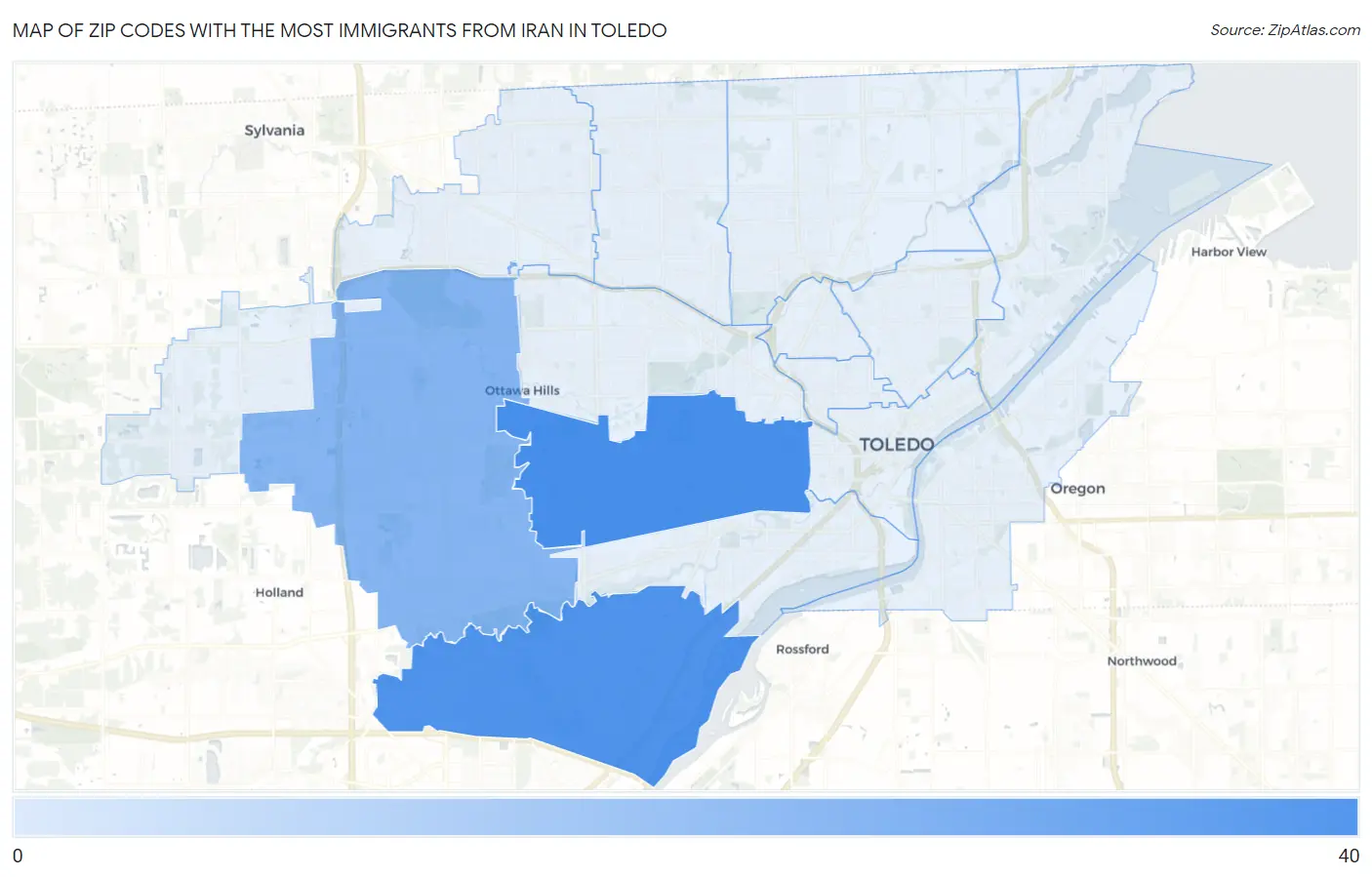 Zip Codes with the Most Immigrants from Iran in Toledo Map