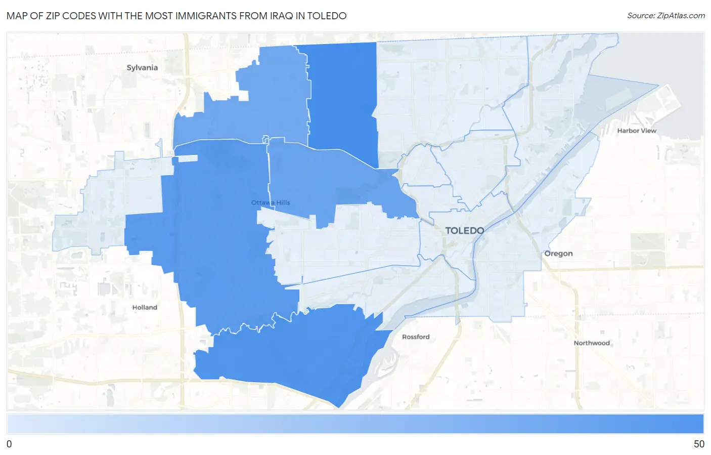 Zip Codes with the Most Immigrants from Iraq in Toledo Map