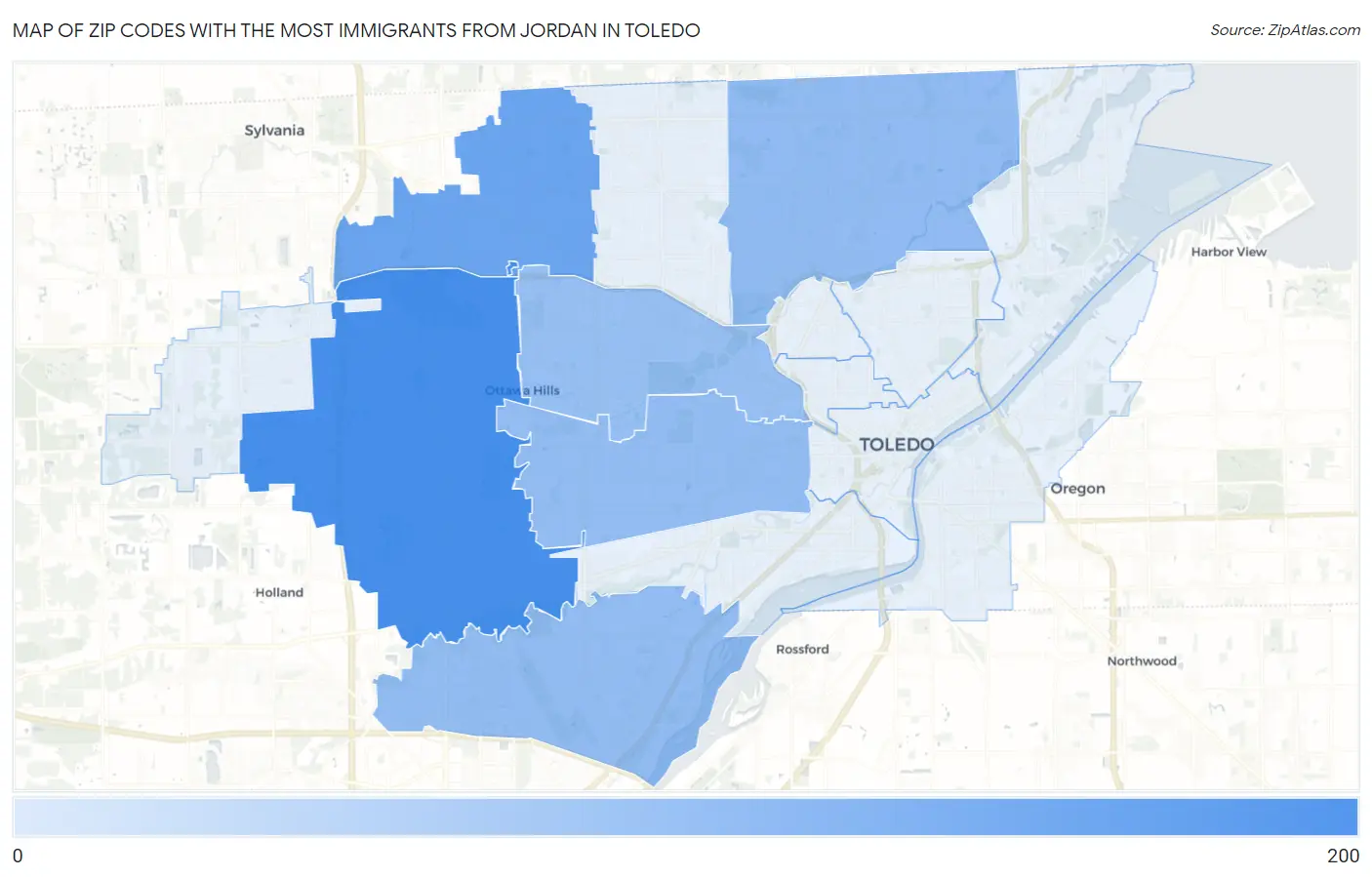 Zip Codes with the Most Immigrants from Jordan in Toledo Map
