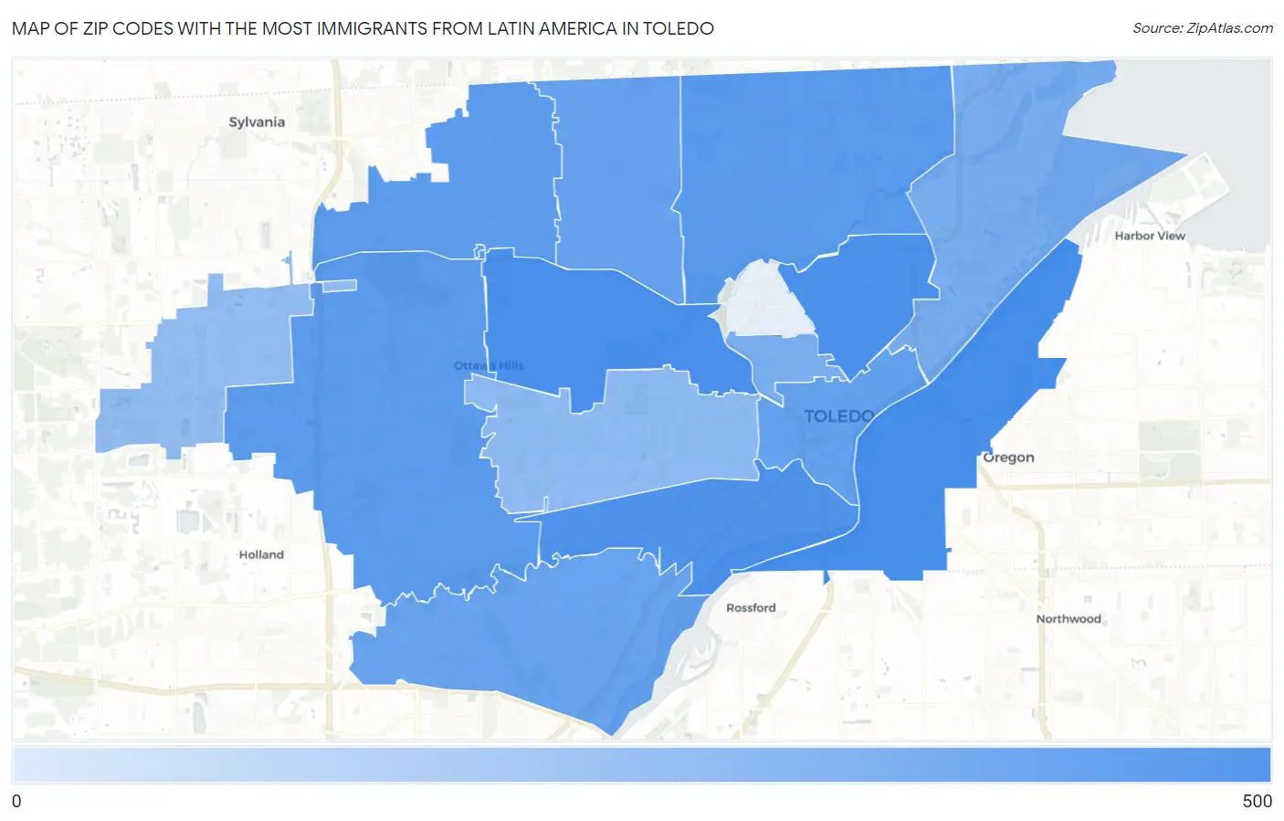 Zip Codes with the Most Immigrants from Latin America in Toledo Map