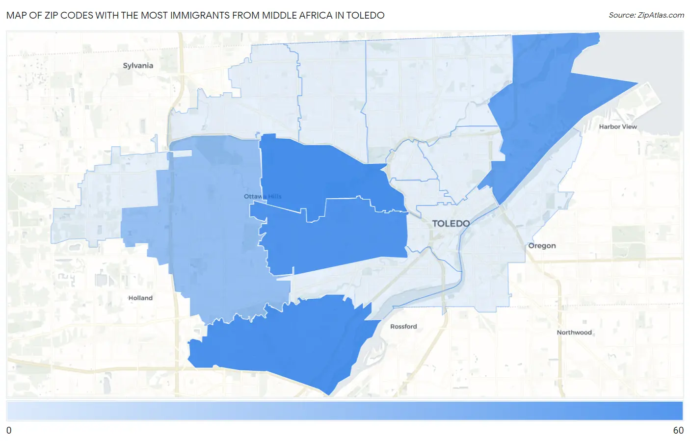 Zip Codes with the Most Immigrants from Middle Africa in Toledo Map