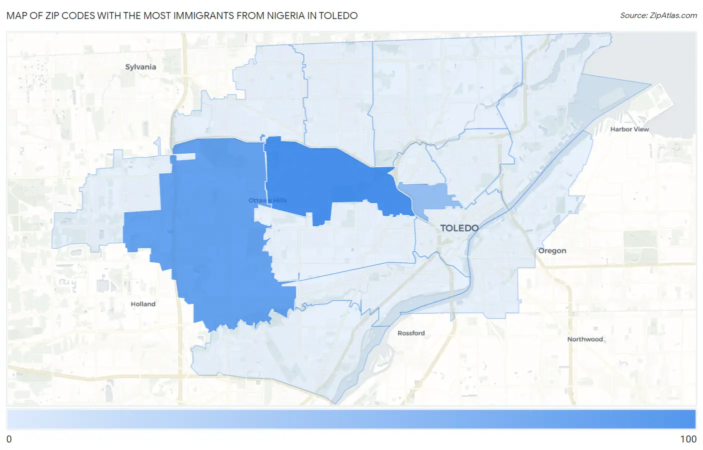 Zip Codes with the Most Immigrants from Nigeria in Toledo Map