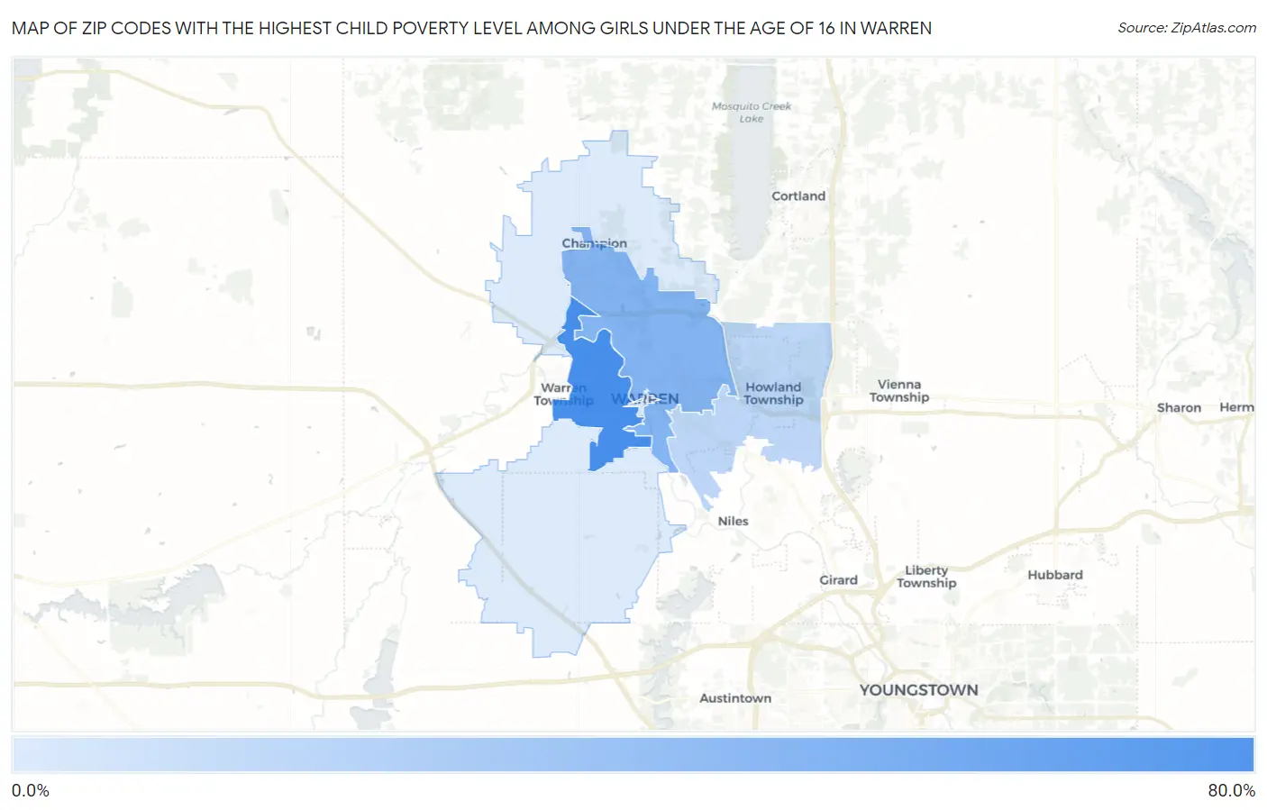Zip Codes with the Highest Child Poverty Level Among Girls Under the Age of 16 in Warren Map