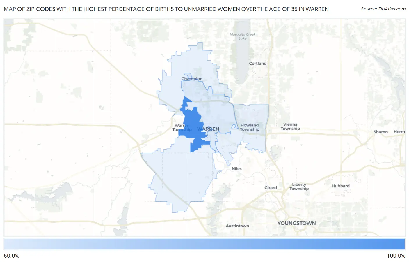 Zip Codes with the Highest Percentage of Births to Unmarried Women over the Age of 35 in Warren Map