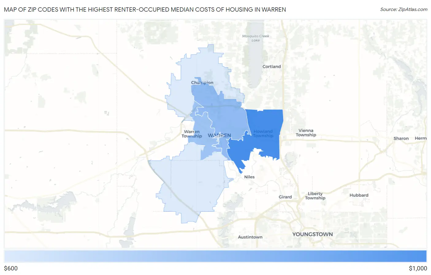 Zip Codes with the Highest Renter-Occupied Median Costs of Housing in Warren Map