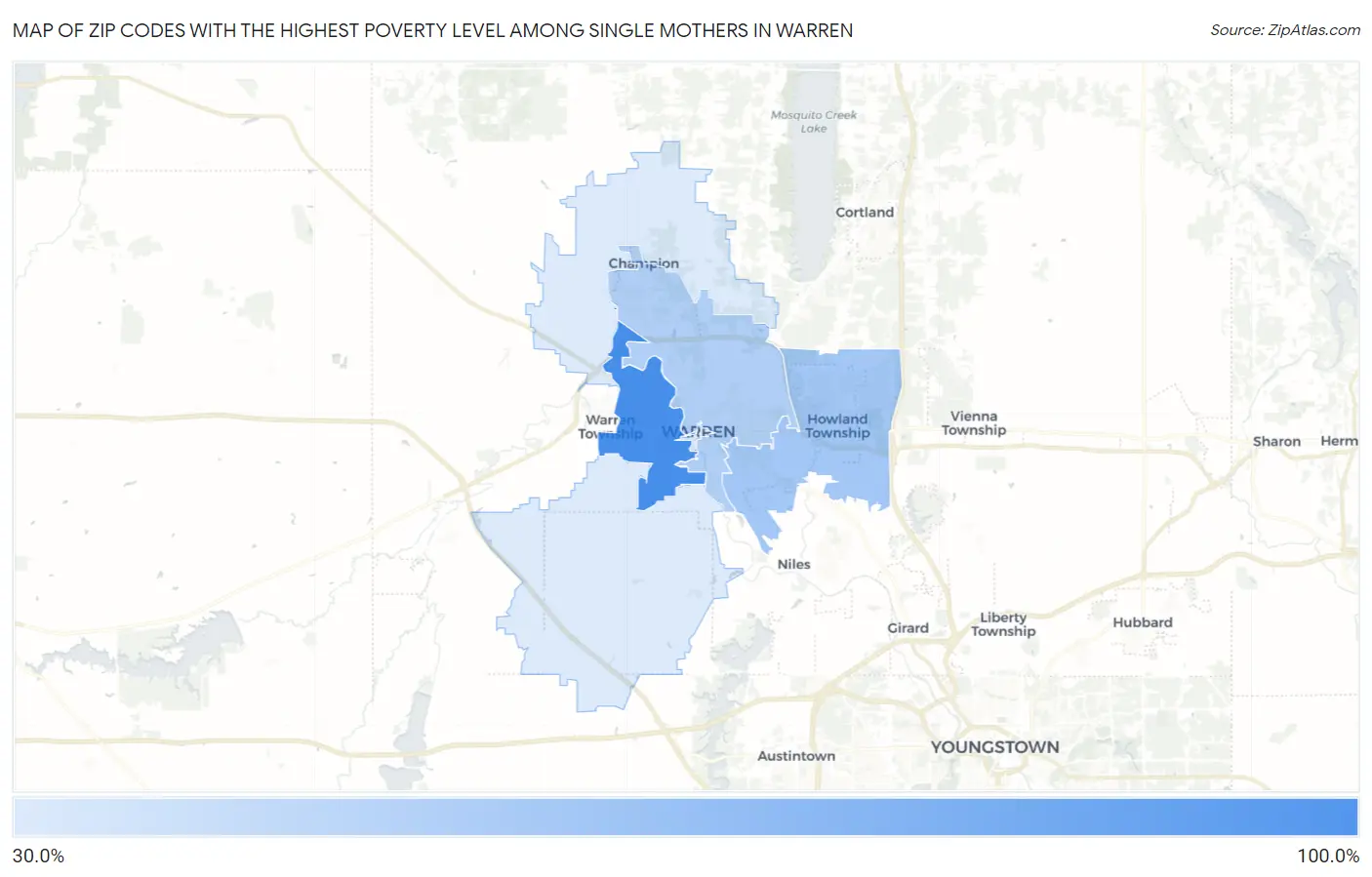 Zip Codes with the Highest Poverty Level Among Single Mothers in Warren Map
