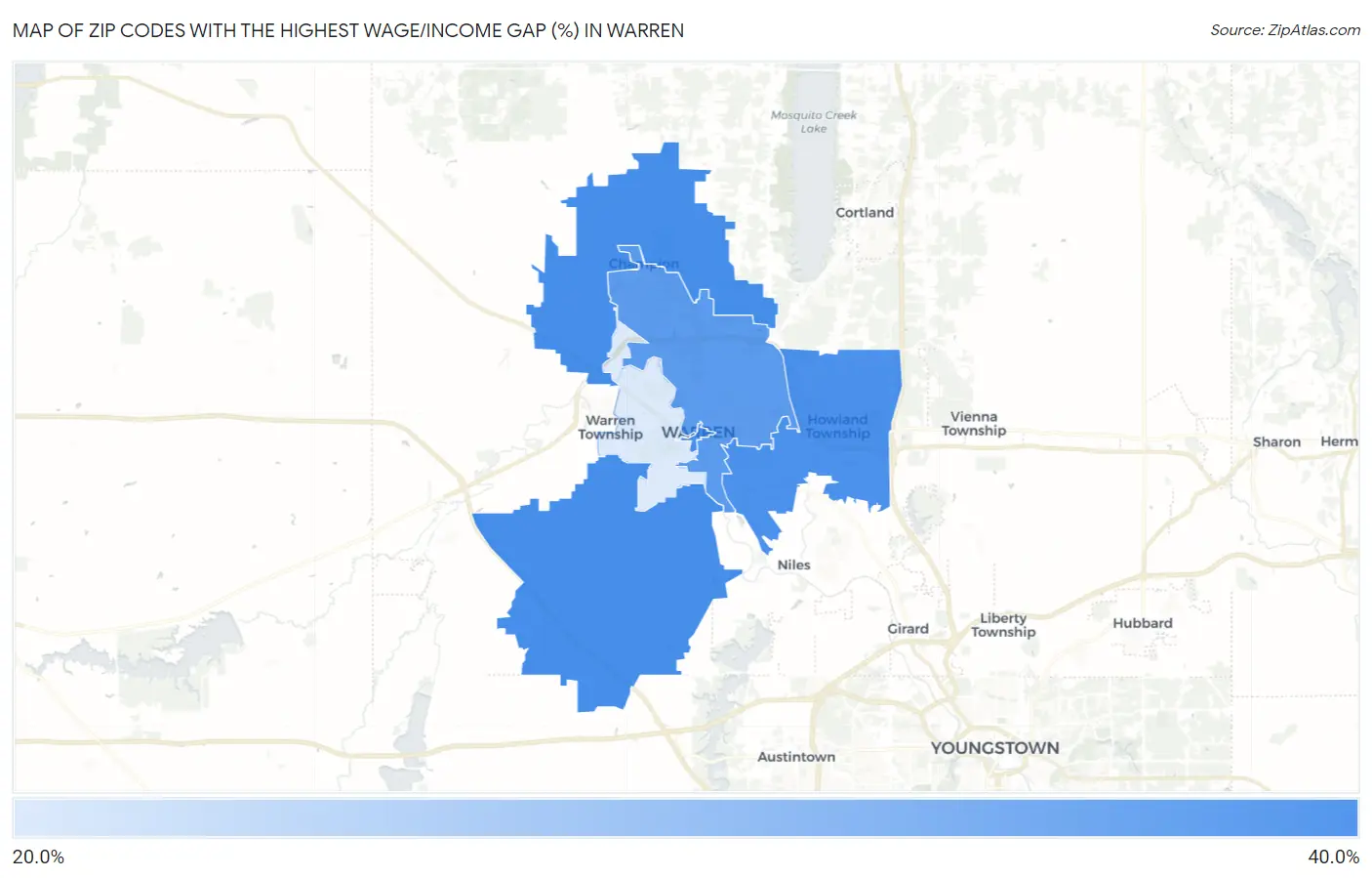 Zip Codes with the Highest Wage/Income Gap (%) in Warren Map
