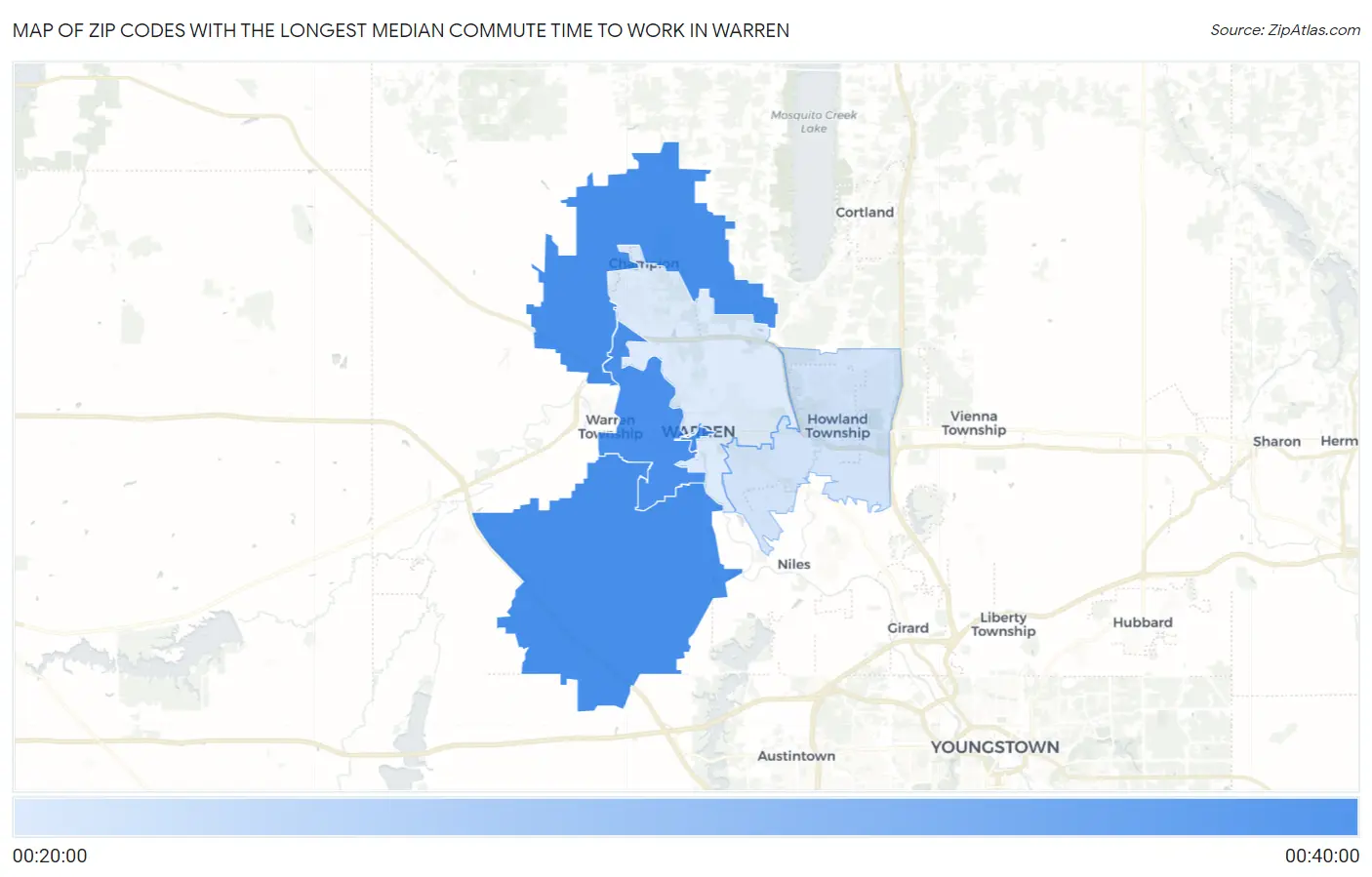 Zip Codes with the Longest Median Commute Time to Work in Warren Map