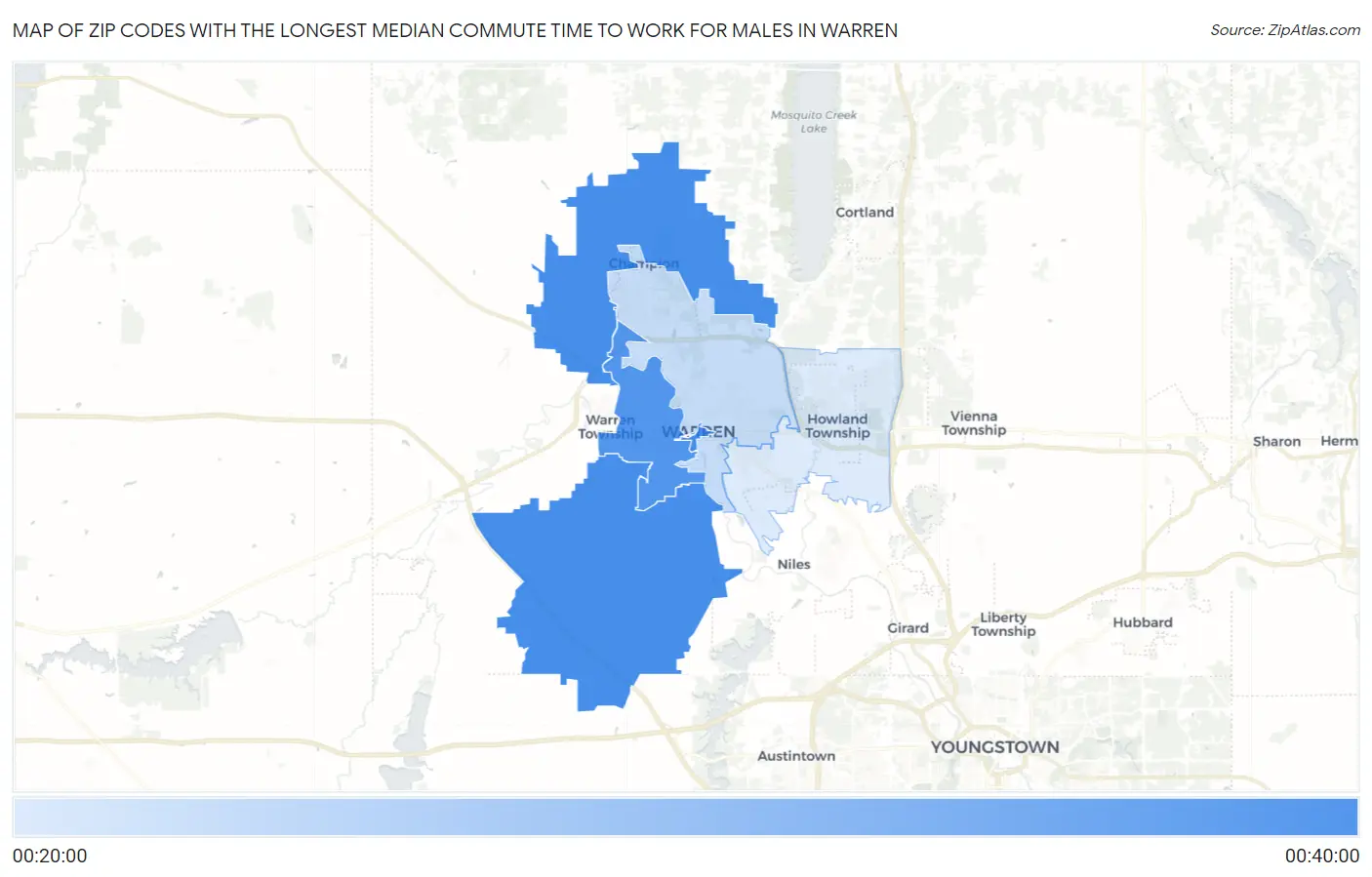 Zip Codes with the Longest Median Commute Time to Work for Males in Warren Map