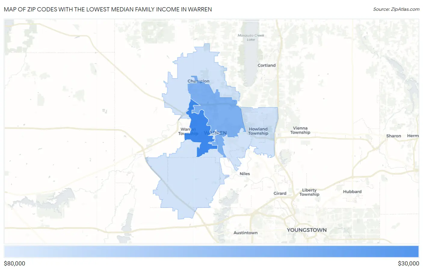 Zip Codes with the Lowest Median Family Income in Warren Map