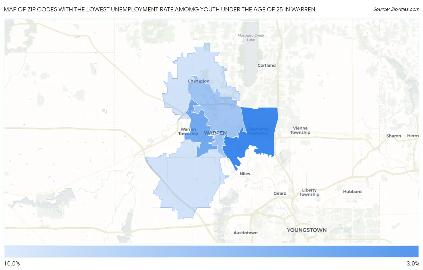 Zip Codes with the Lowest Unemployment Rate Amomg Youth Under the Age of 25 in Warren Map