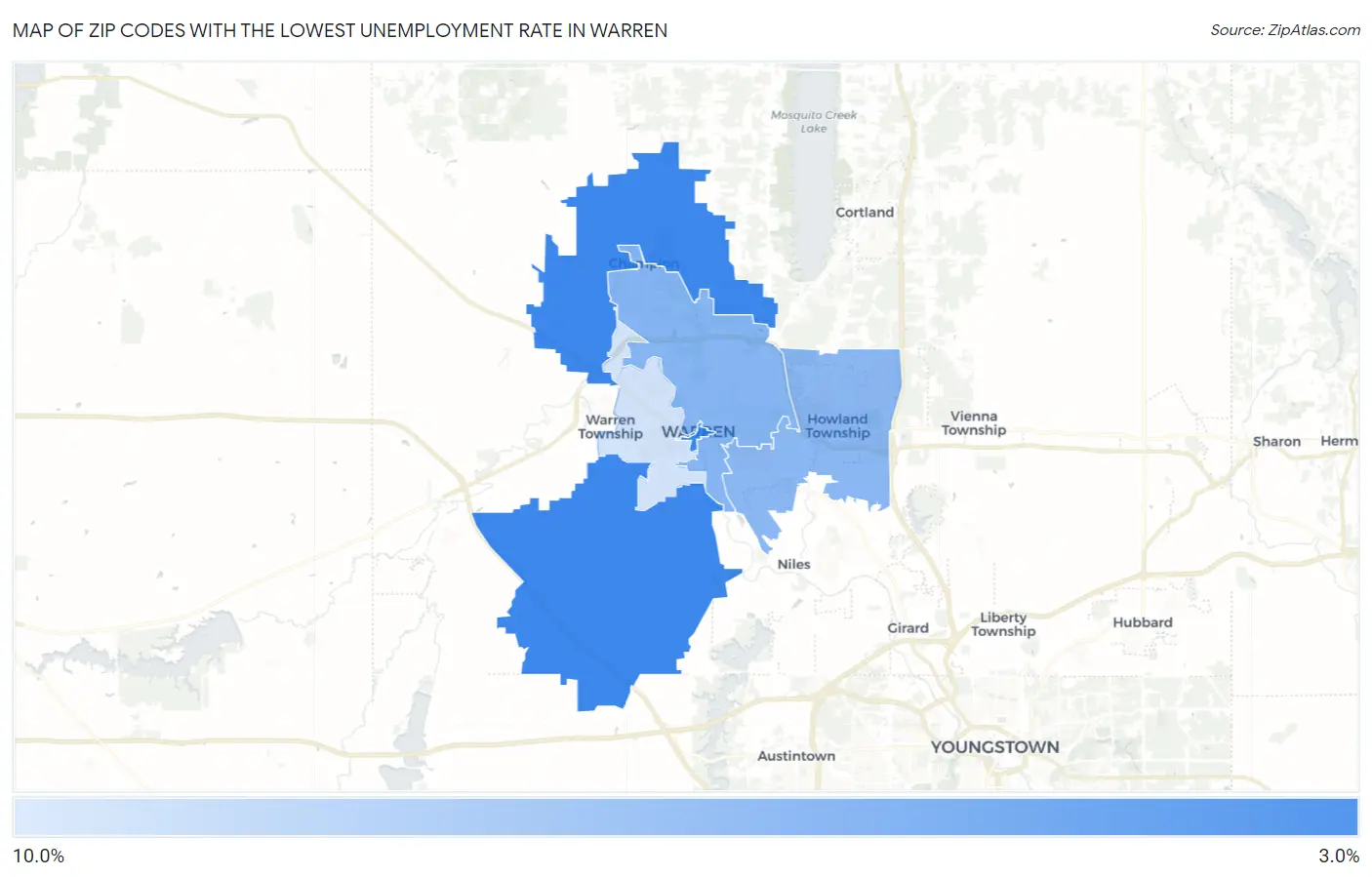 Zip Codes with the Lowest Unemployment Rate in Warren Map