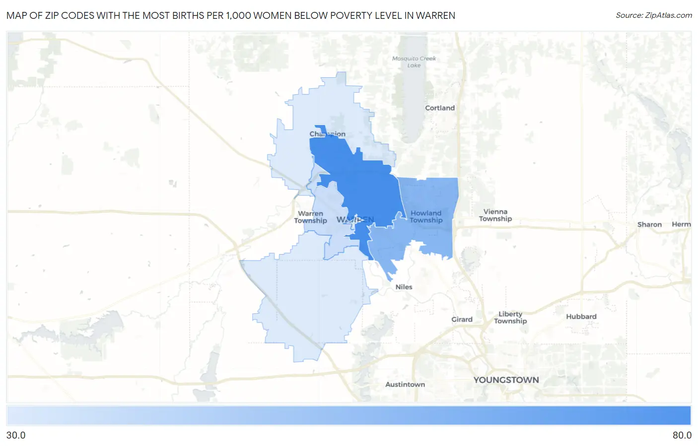 Zip Codes with the Most Births per 1,000 Women Below Poverty Level in Warren Map