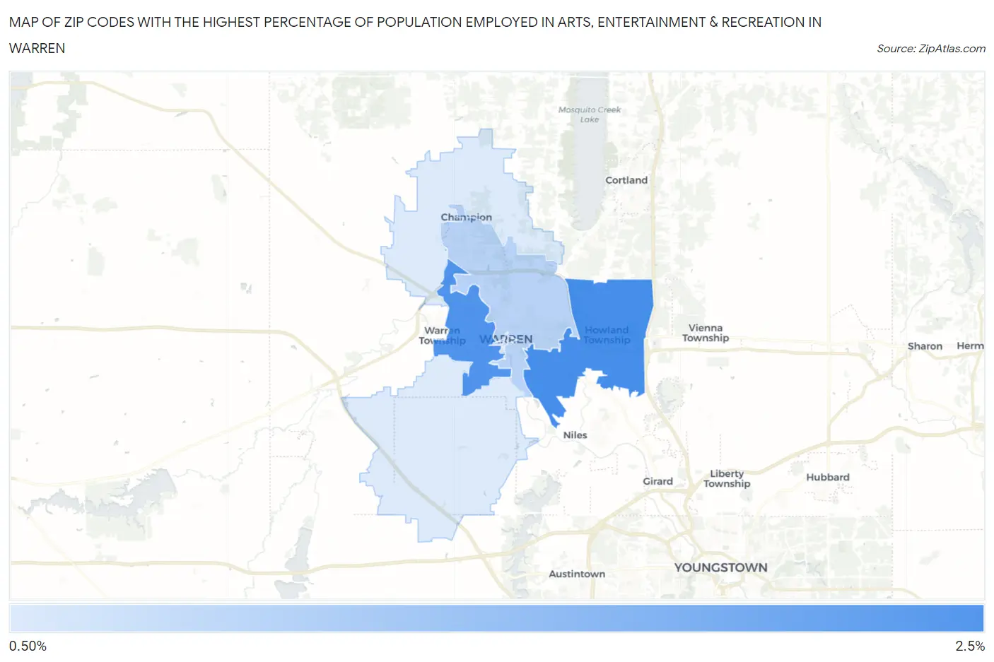 Zip Codes with the Highest Percentage of Population Employed in Arts, Entertainment & Recreation in Warren Map