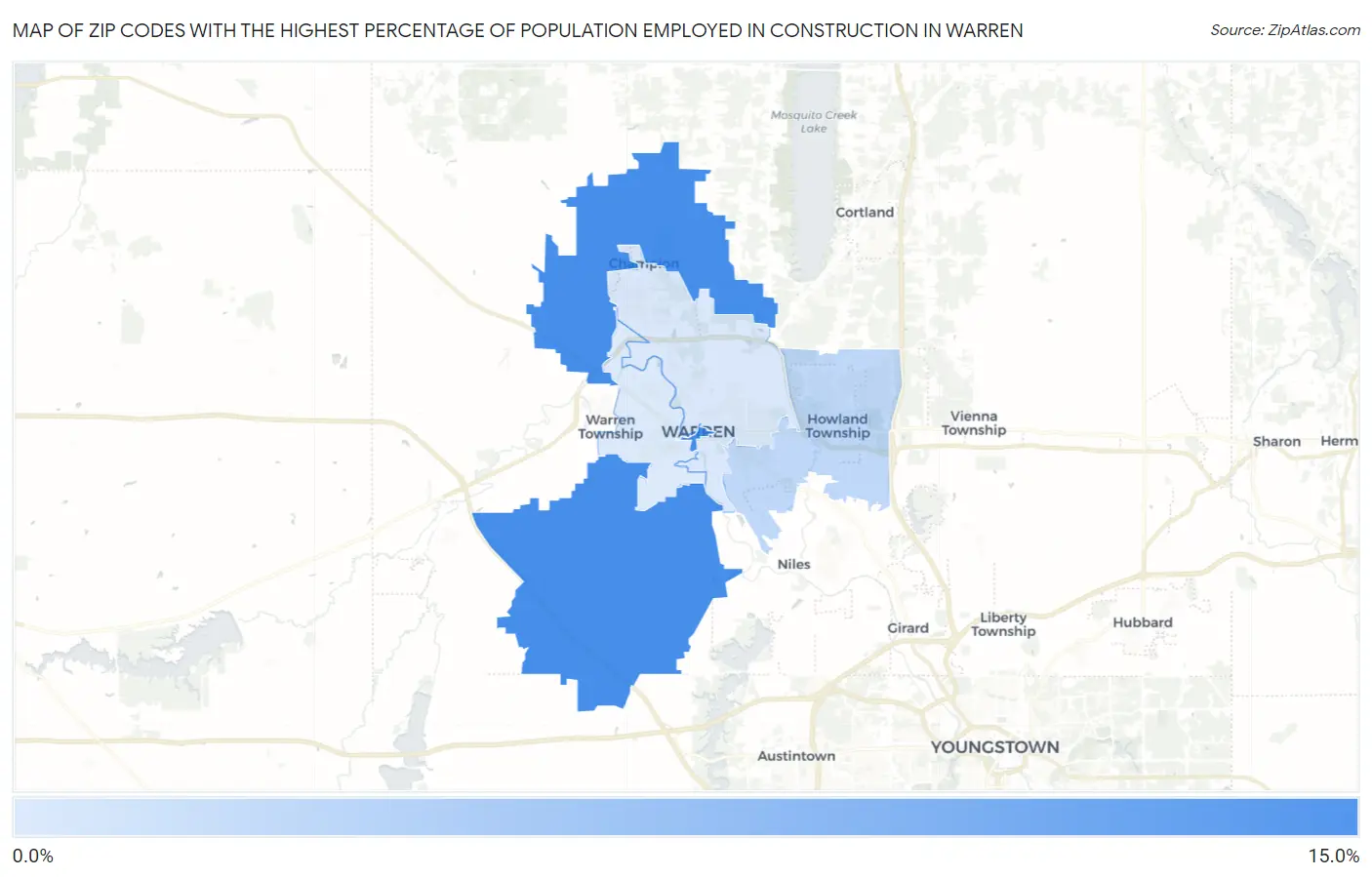 Zip Codes with the Highest Percentage of Population Employed in Construction in Warren Map