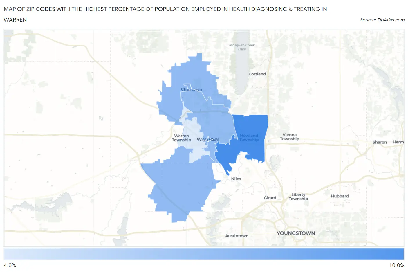 Zip Codes with the Highest Percentage of Population Employed in Health Diagnosing & Treating in Warren Map
