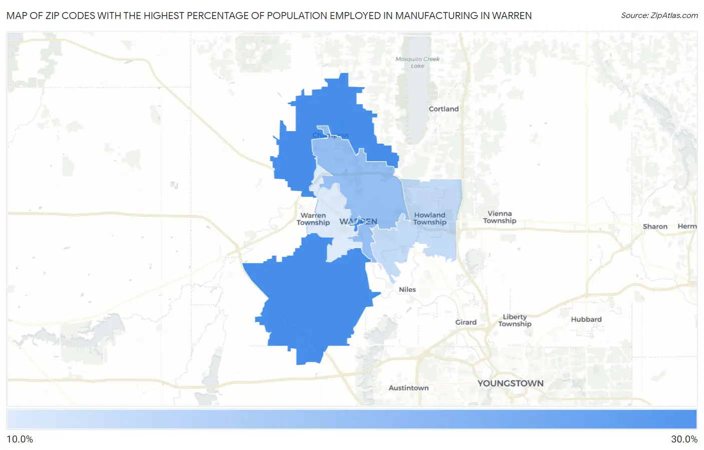 Zip Codes with the Highest Percentage of Population Employed in Manufacturing in Warren Map