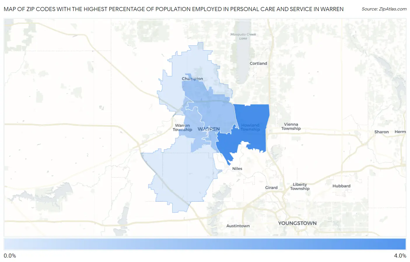 Zip Codes with the Highest Percentage of Population Employed in Personal Care and Service in Warren Map