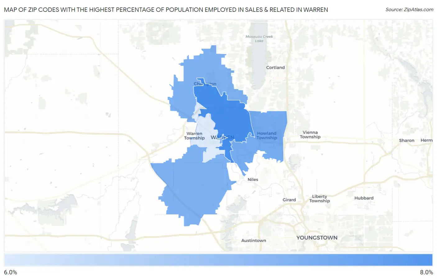 Zip Codes with the Highest Percentage of Population Employed in Sales & Related in Warren Map