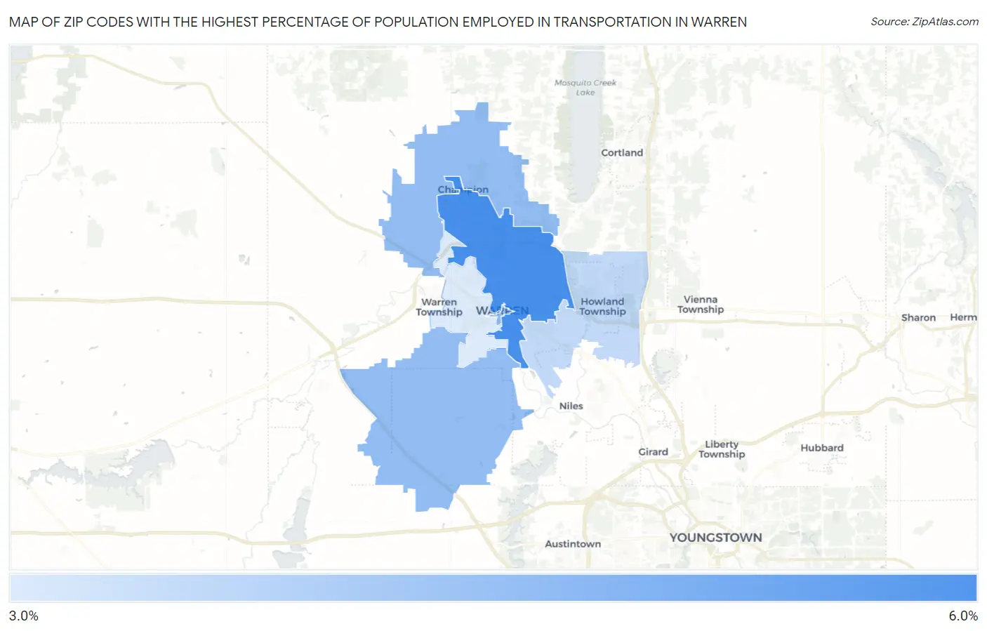 Zip Codes with the Highest Percentage of Population Employed in Transportation in Warren Map