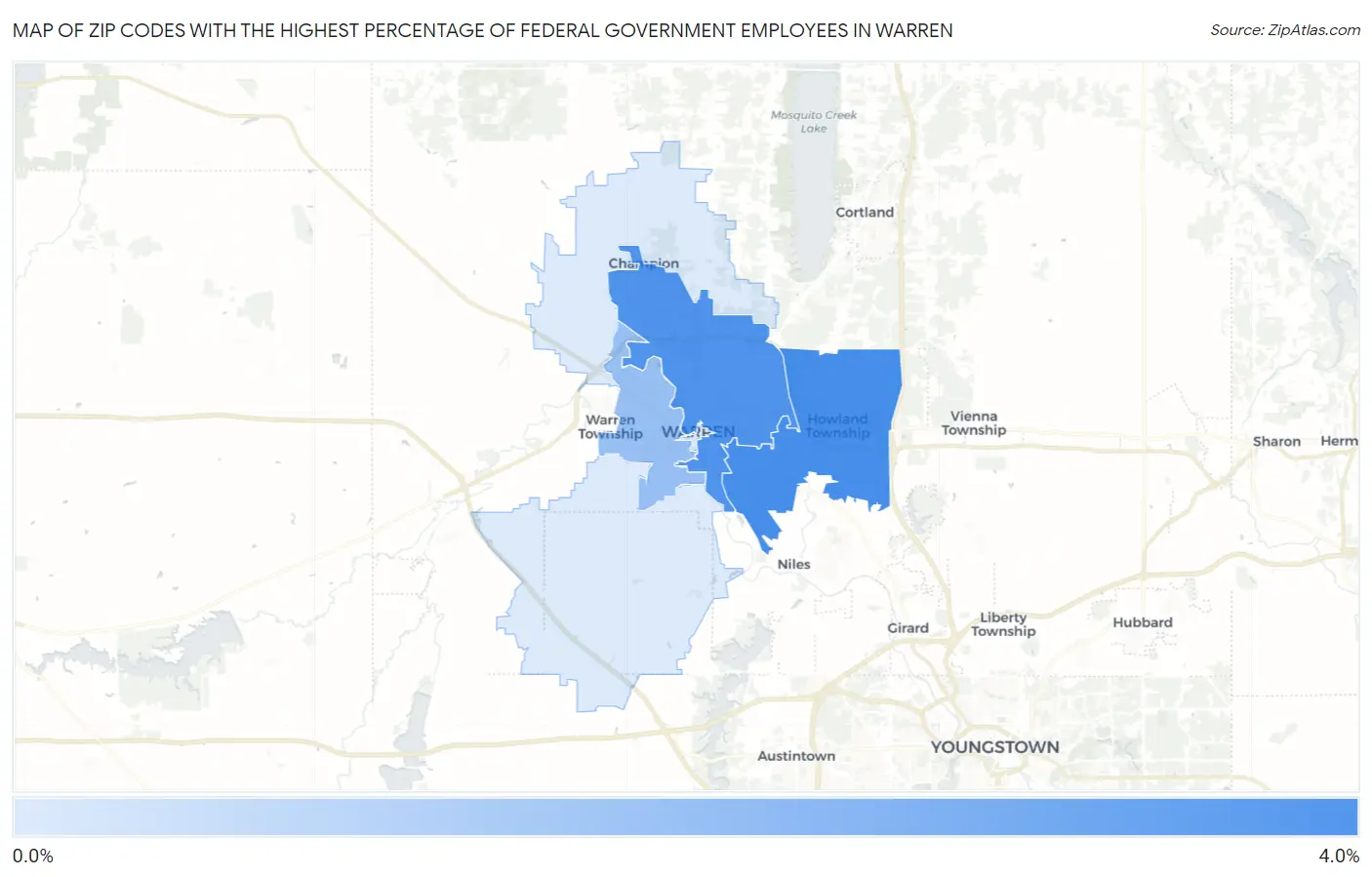 Zip Codes with the Highest Percentage of Federal Government Employees in Warren Map
