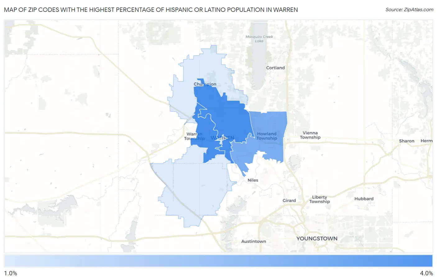 Zip Codes with the Highest Percentage of Hispanic or Latino Population in Warren Map
