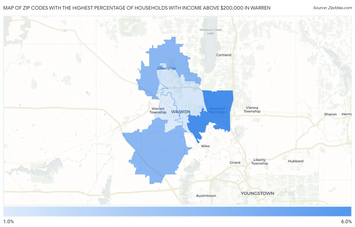 Zip Codes with the Highest Percentage of Households with Income Above $200,000 in Warren Map