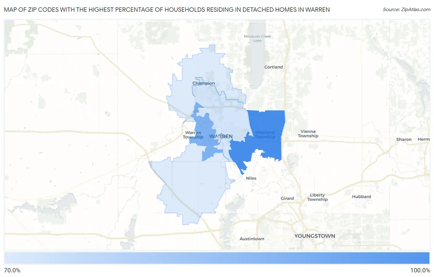Zip Codes with the Highest Percentage of Households Residing in Detached Homes in Warren Map