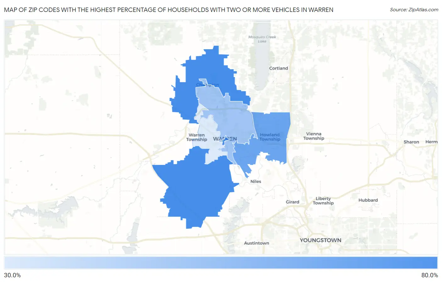 Zip Codes with the Highest Percentage of Households With Two or more Vehicles in Warren Map