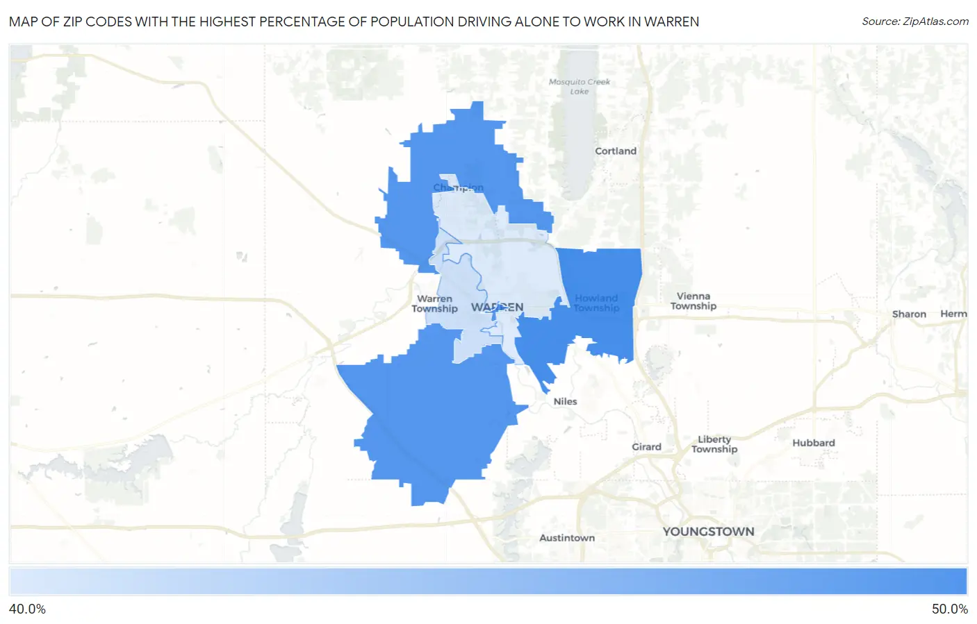Zip Codes with the Highest Percentage of Population Driving Alone to Work in Warren Map