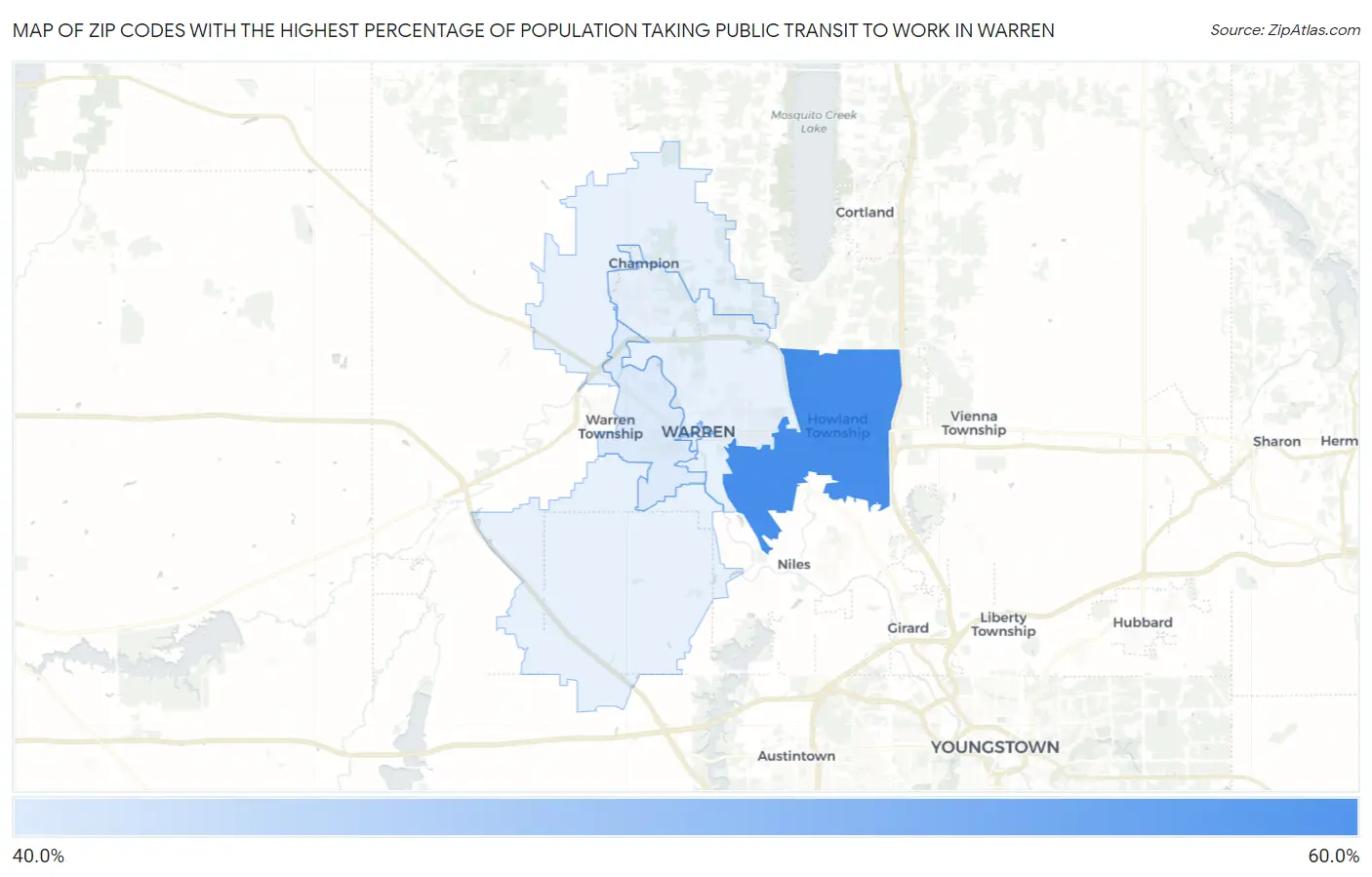 Zip Codes with the Highest Percentage of Population Taking Public Transit to Work in Warren Map