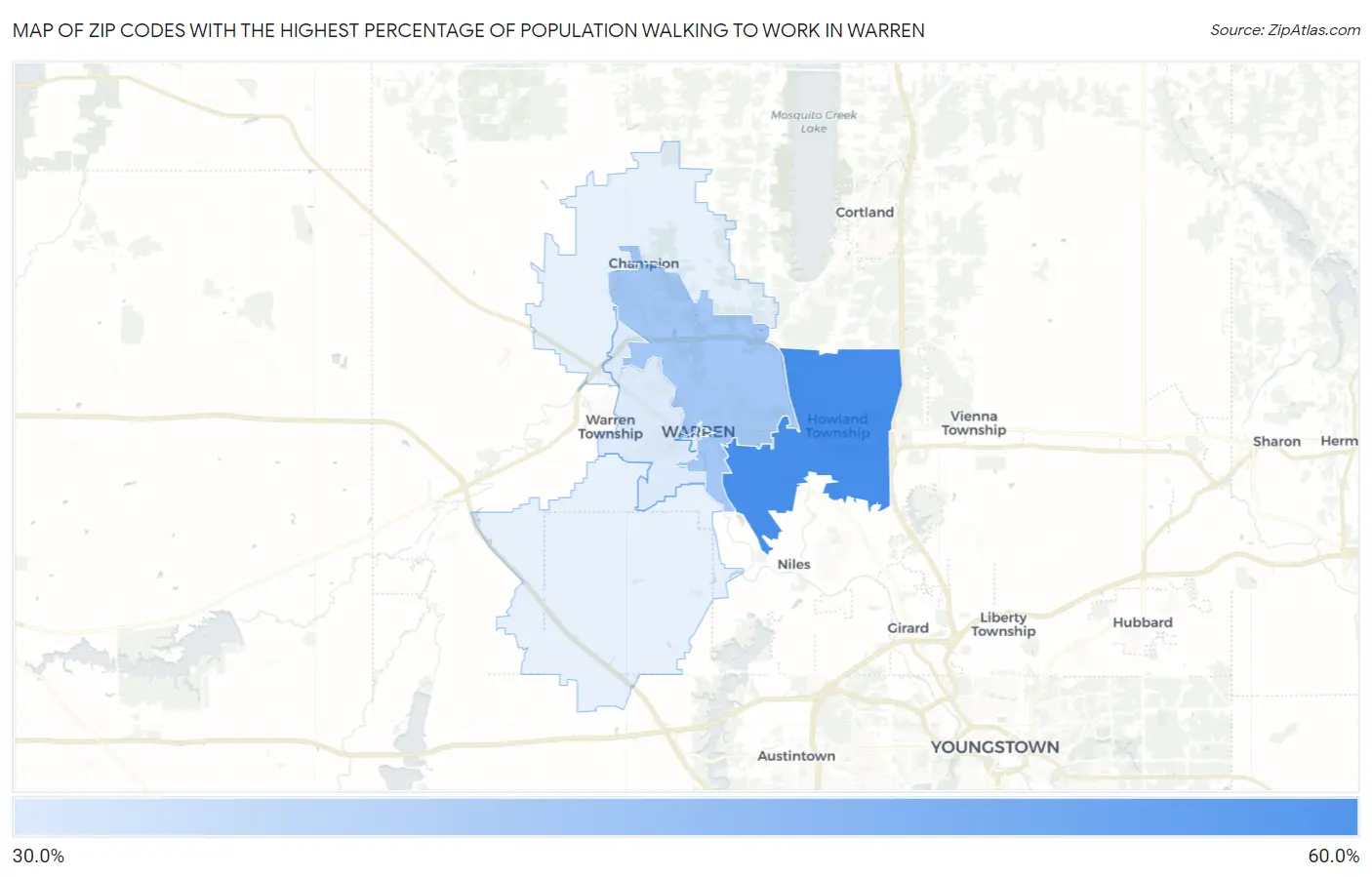 Zip Codes with the Highest Percentage of Population Walking to Work in Warren Map