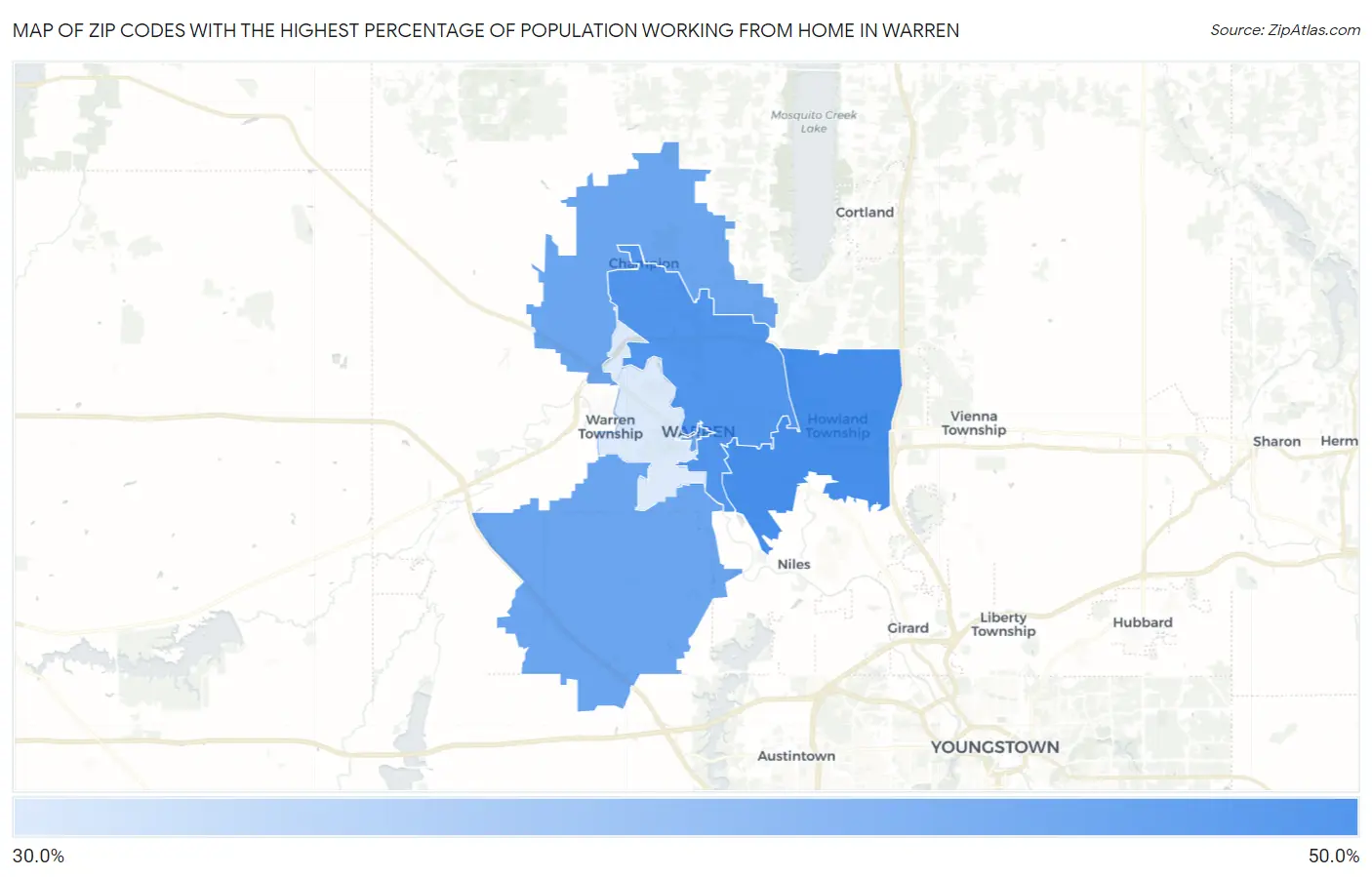 Zip Codes with the Highest Percentage of Population Working from Home in Warren Map