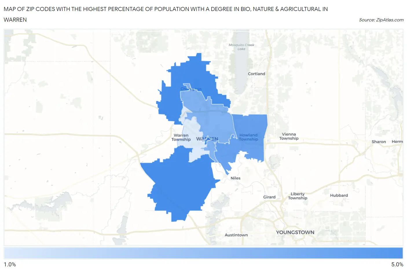 Zip Codes with the Highest Percentage of Population with a Degree in Bio, Nature & Agricultural in Warren Map