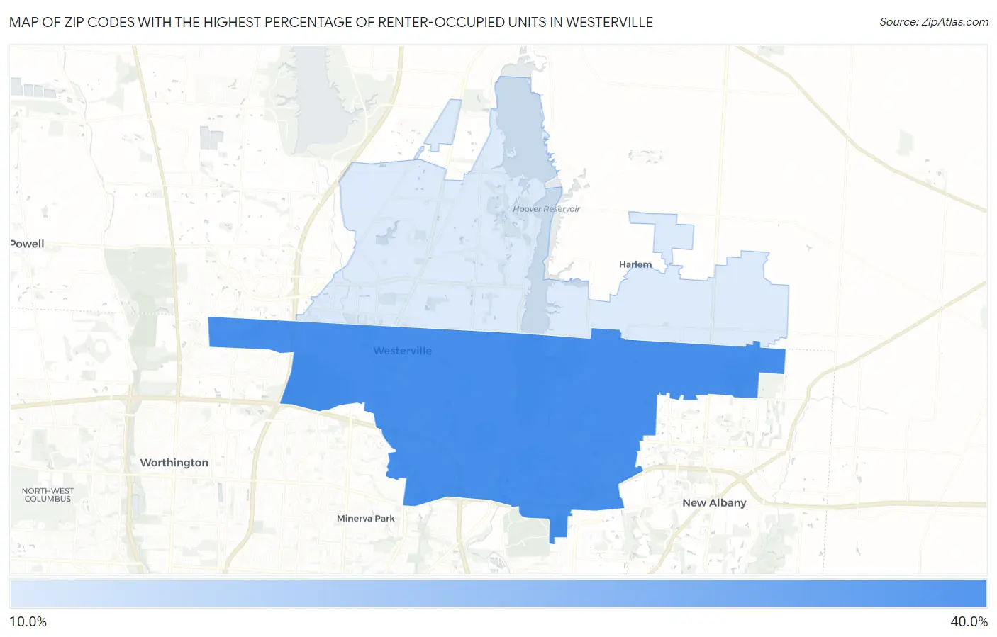 Zip Codes with the Highest Percentage of Renter-Occupied Units in Westerville Map