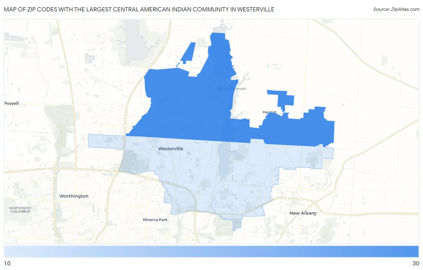 Zip Codes with the Largest Central American Indian Community in Westerville Map