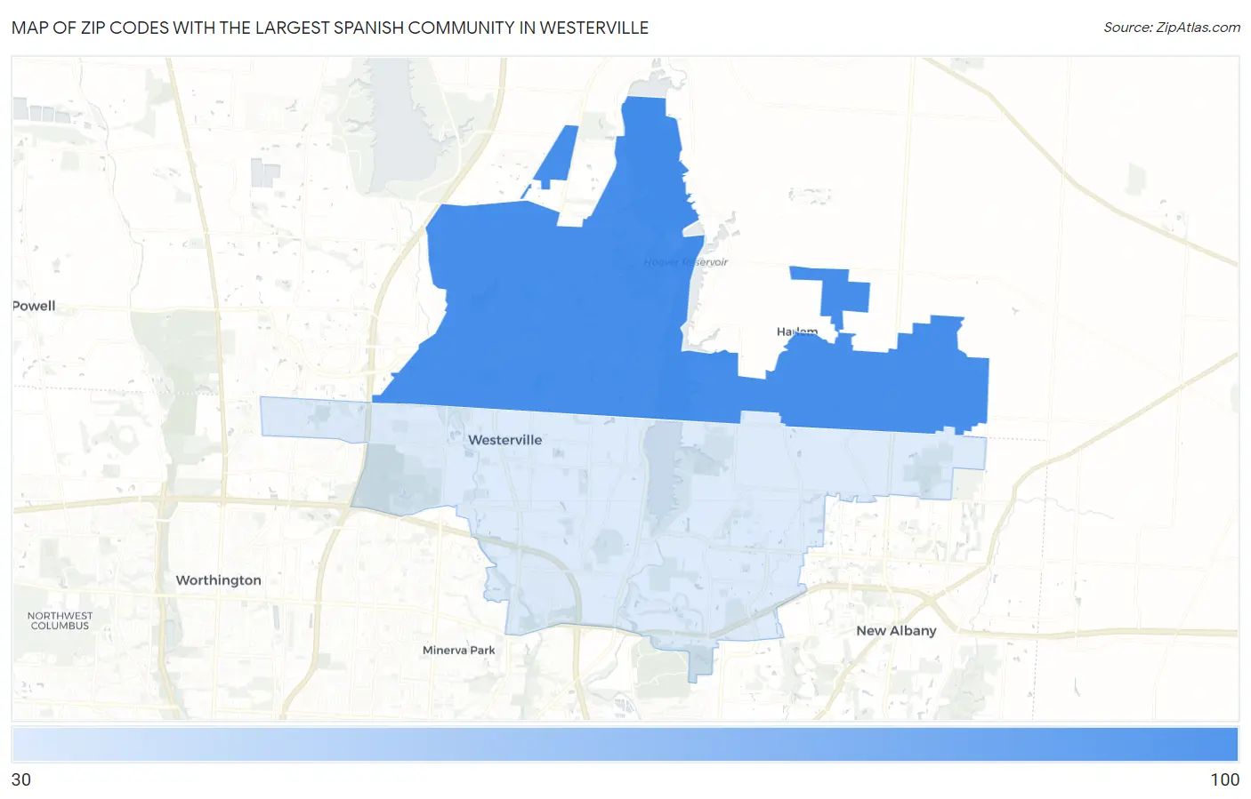 Zip Codes with the Largest Spanish Community in Westerville Map