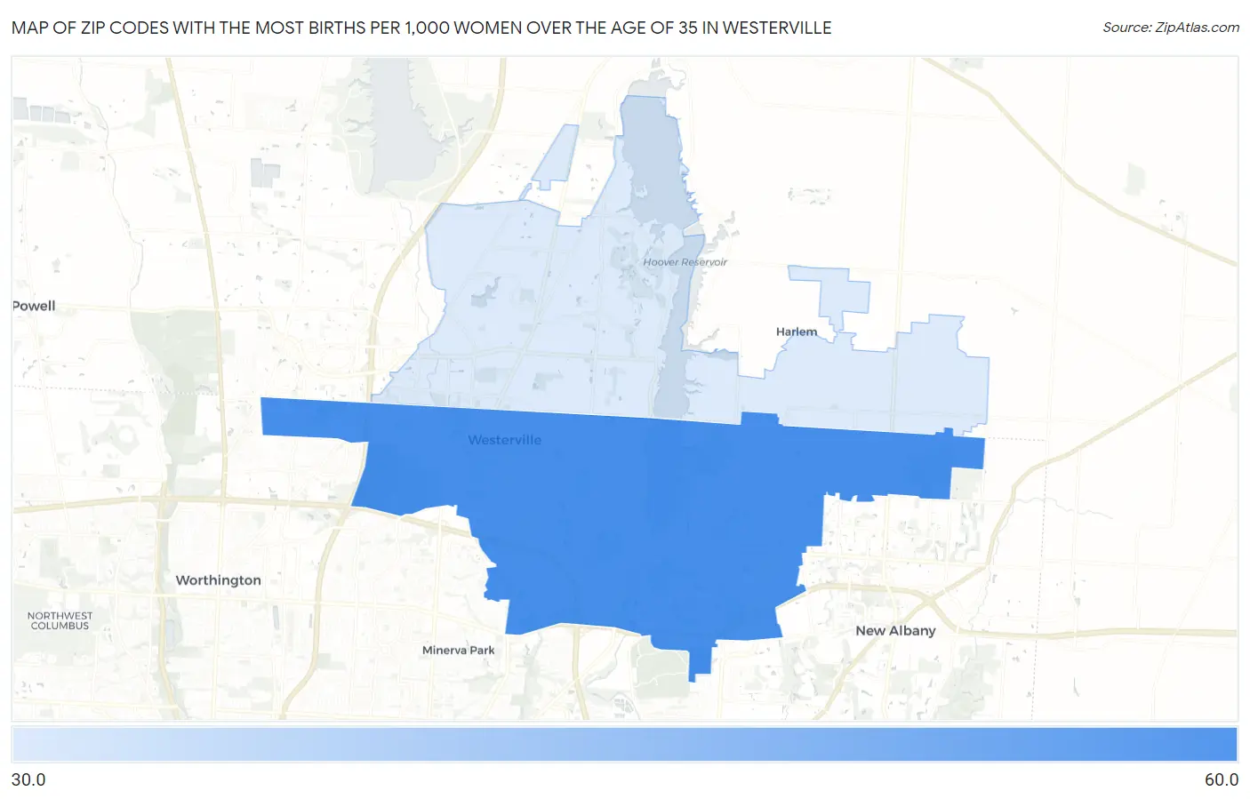 Zip Codes with the Most Births per 1,000 Women Over the Age of 35 in Westerville Map