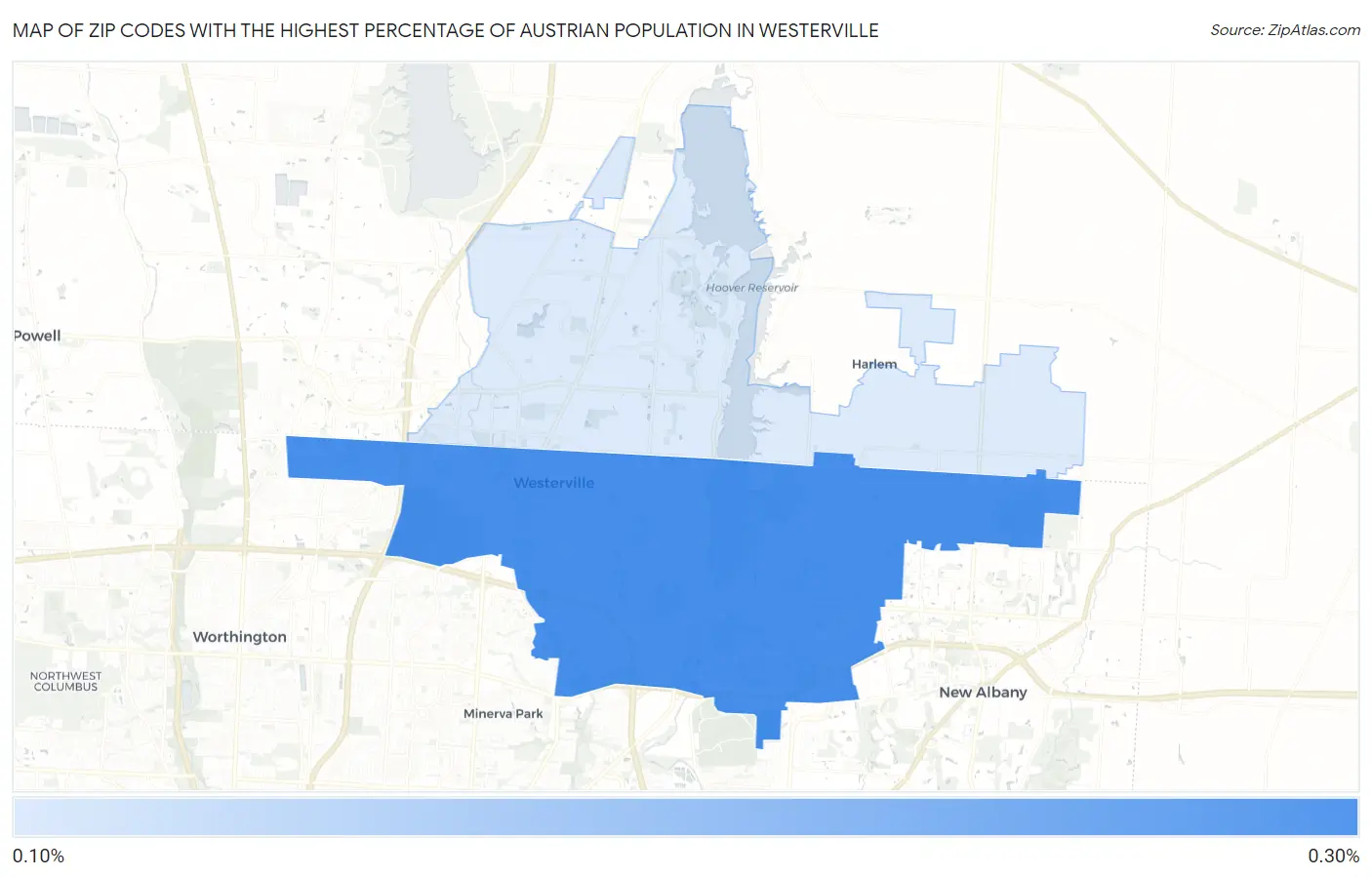 Zip Codes with the Highest Percentage of Austrian Population in Westerville Map