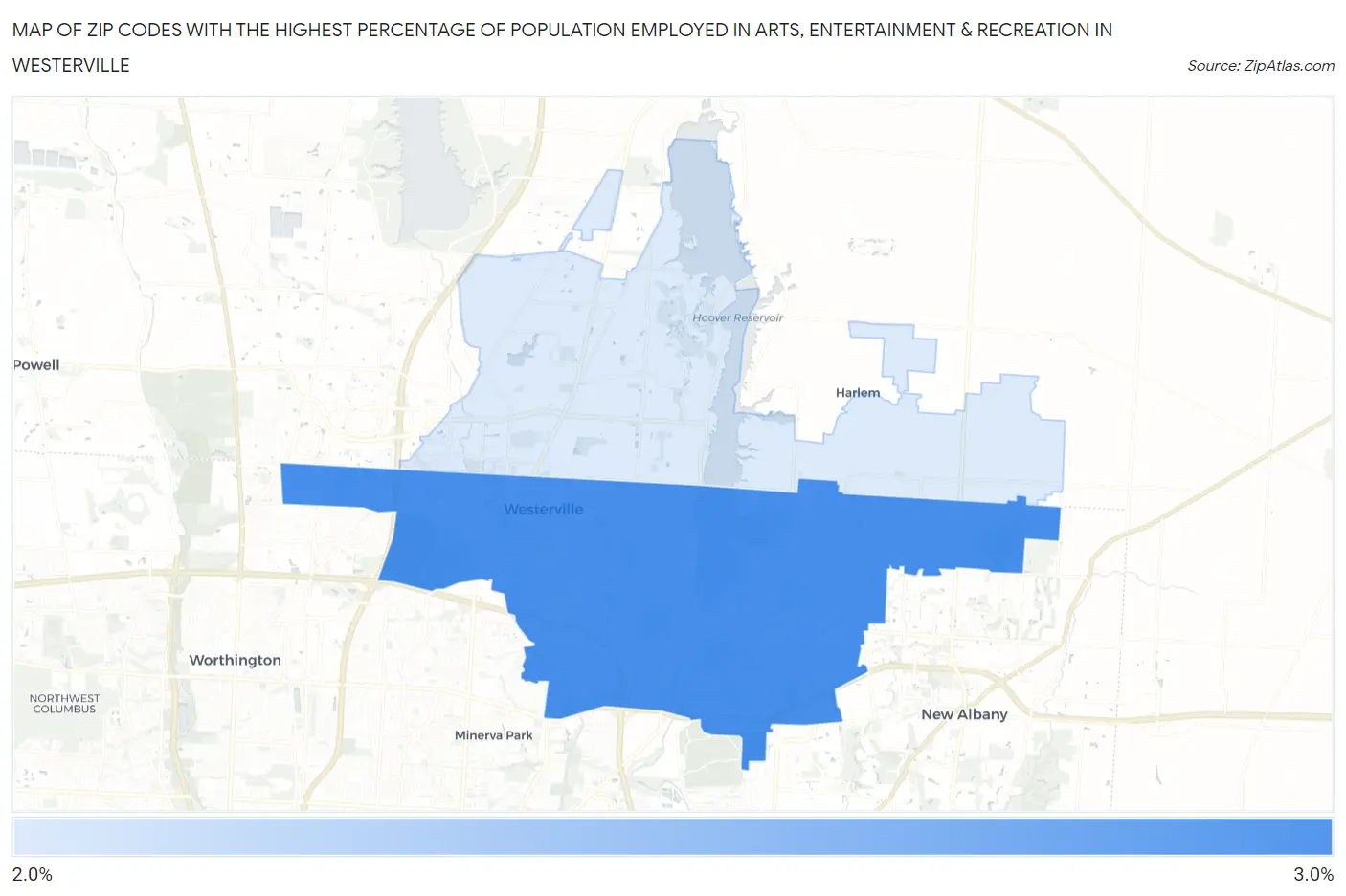 Zip Codes with the Highest Percentage of Population Employed in Arts, Entertainment & Recreation in Westerville Map