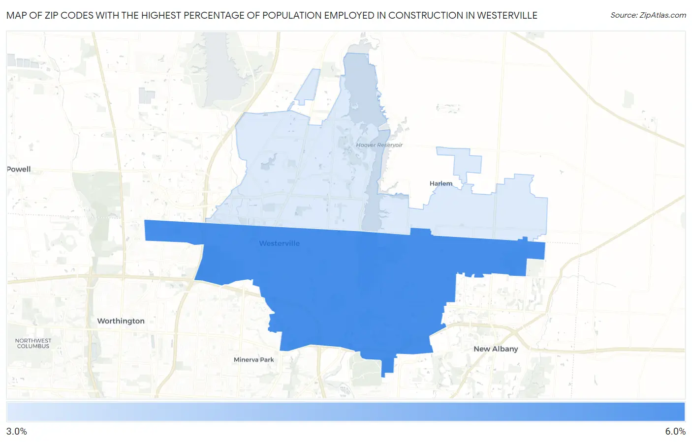 Zip Codes with the Highest Percentage of Population Employed in Construction in Westerville Map