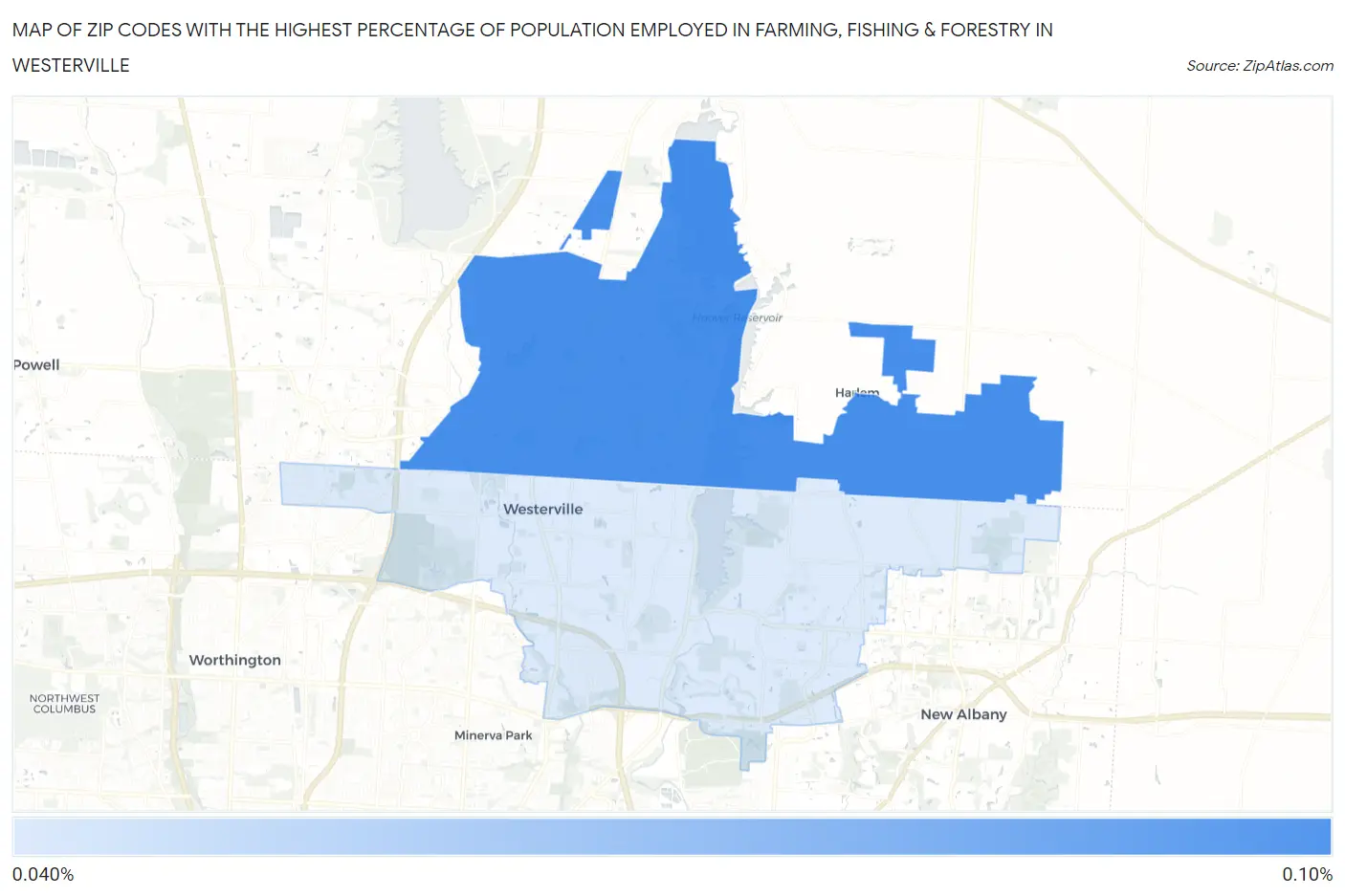 Zip Codes with the Highest Percentage of Population Employed in Farming, Fishing & Forestry in Westerville Map