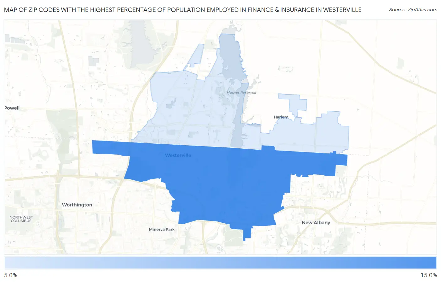 Zip Codes with the Highest Percentage of Population Employed in Finance & Insurance in Westerville Map